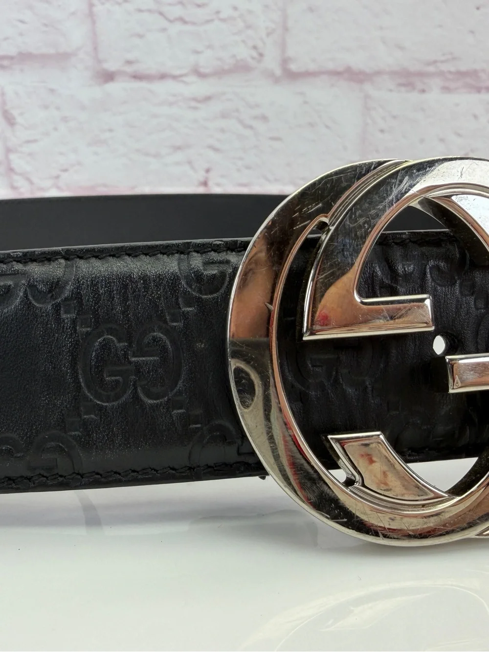 Authentic Gucci Guccissima Black Mens Leather Belt Gg Interlocking 90/36 411924